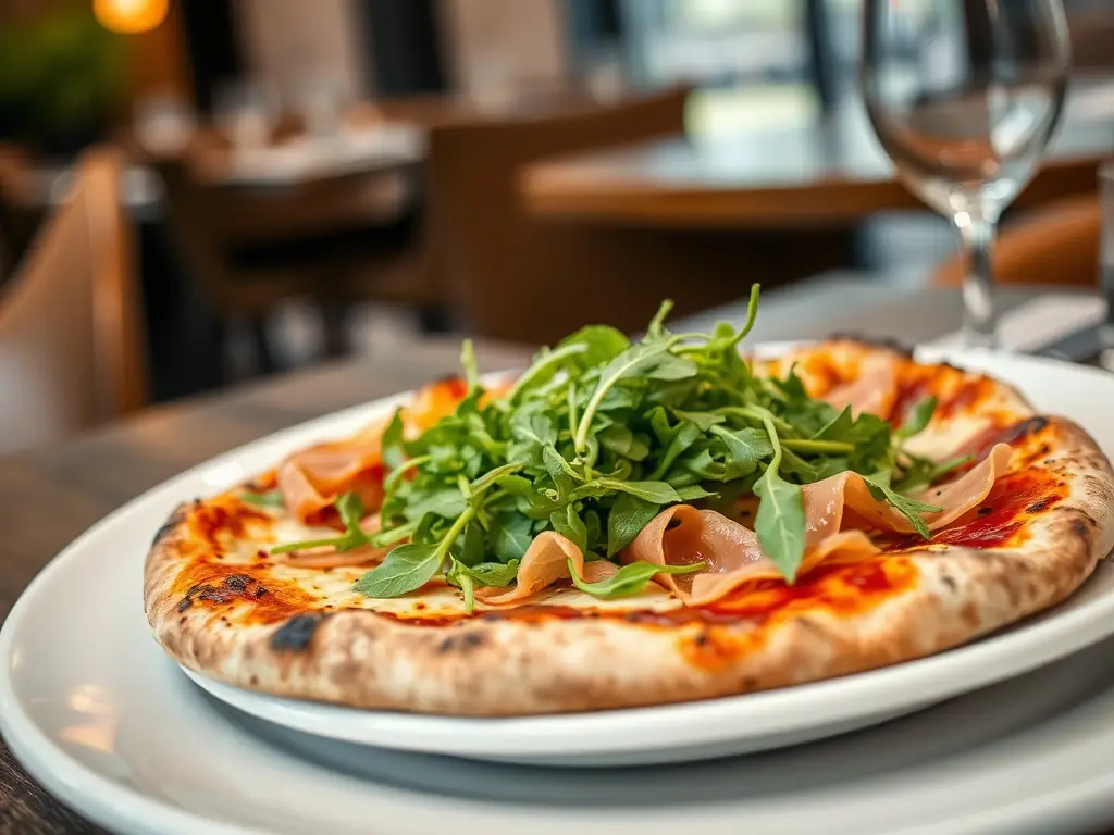 A mouthwatering image of a gourmet pizza with a variety of toppings, such as prosciutto, arugula, and truffle oil, highlighting its premium ingredients and sophisticated flavors. The pizza is artfully arranged on a black plate.